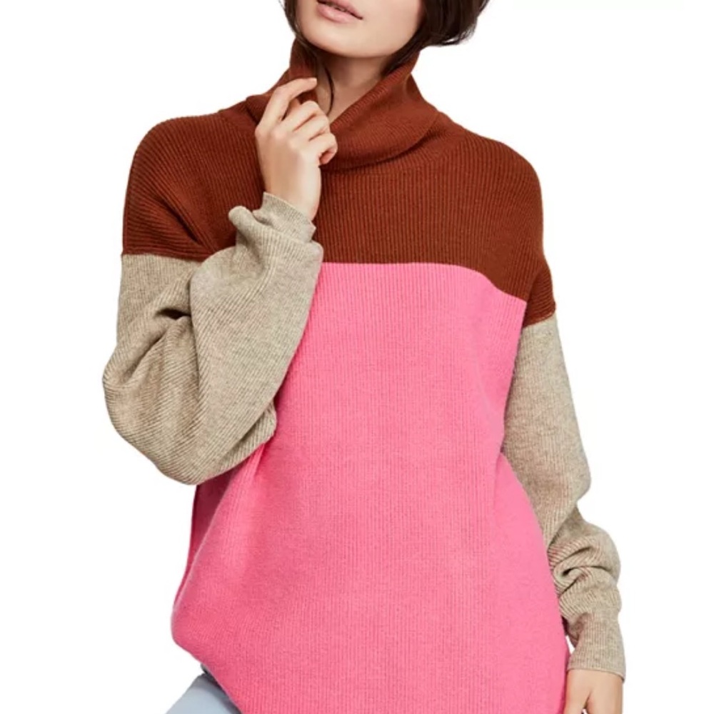 Free People Pink Brown Colorblock Soft Tunic Turtleneck Sweater Medium